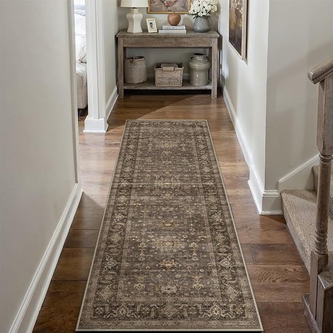 2x4 Dark Brown Vintage Runner Rug | Washable, Non Slip, Soft Low Pile, Traditional Farmhouse, for Hallway Kitchen Laundry Bathroom Bedroom