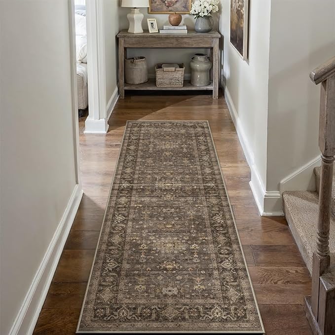 2x12 Dark Brown Vintage Runner Rug | Washable, Non Slip, Soft Low Pile, Traditional Farmhouse, for Hallway Kitchen Laundry Bathroom Bedroom