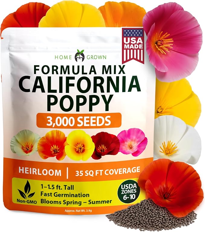 HOME GROWN California Poppy Formula Mix Flower Seeds for Spring 2026 Planting, Eschscholzia californica, 3000 Seeds 3.9g, Heirloom Non-GMO California Wildflower Seeds Bulk, Poppy Flower Seed
