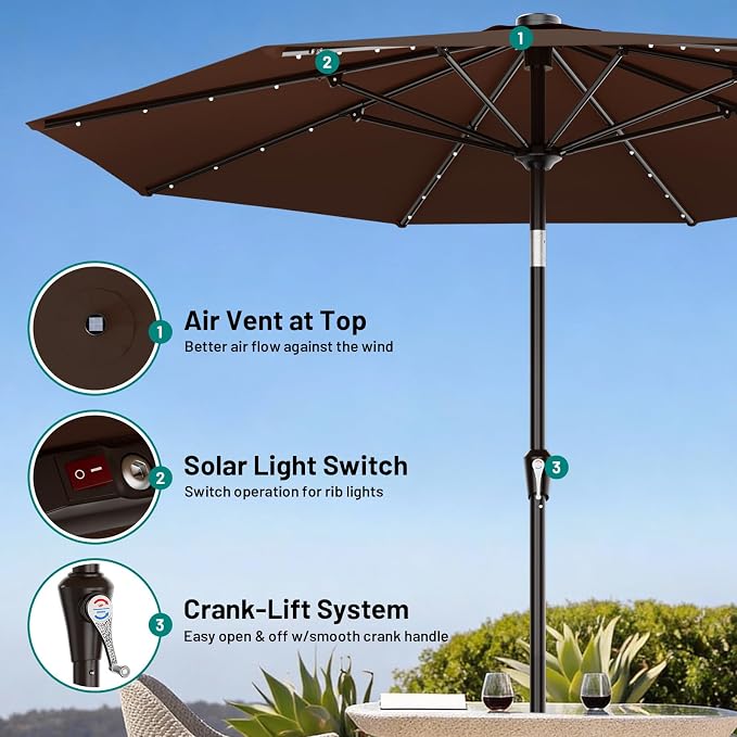 AreShark 9FT Patio Umbrella with Solar Lights, 32 Lighted Pool Umbrella w/Tilt and Crank, Outdoor Market Solar Umbrellas for Garden, Deck, Backyard, Pool and Beach, Brown