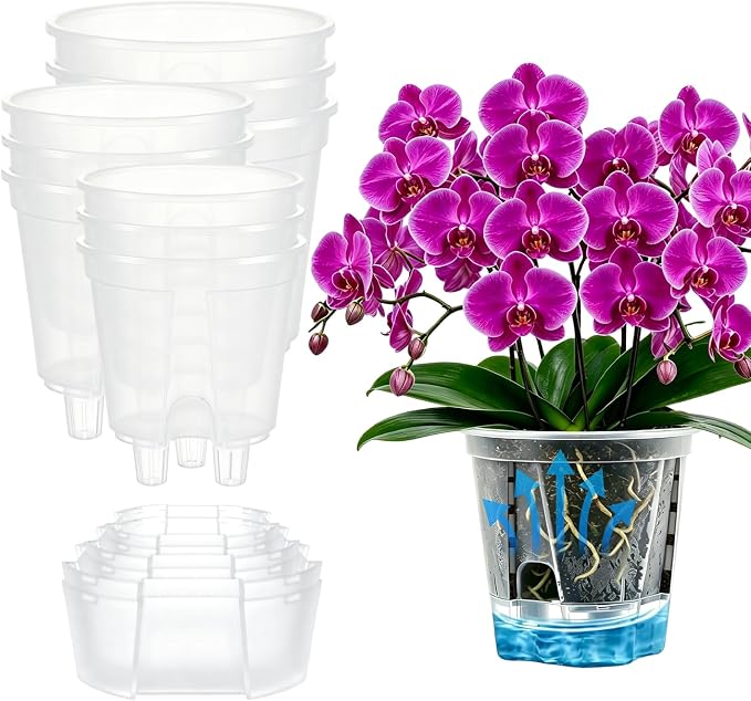 Cdd's Path Self Watering Pots Set with Deep Water Tank, Large Drainage Holes, Reservoir & Air Pipes, 5/6/7 Inch Naked Root Planter for Indoor Outdoor Plants, Flowers, Seedlings, Clear, 9 Pack