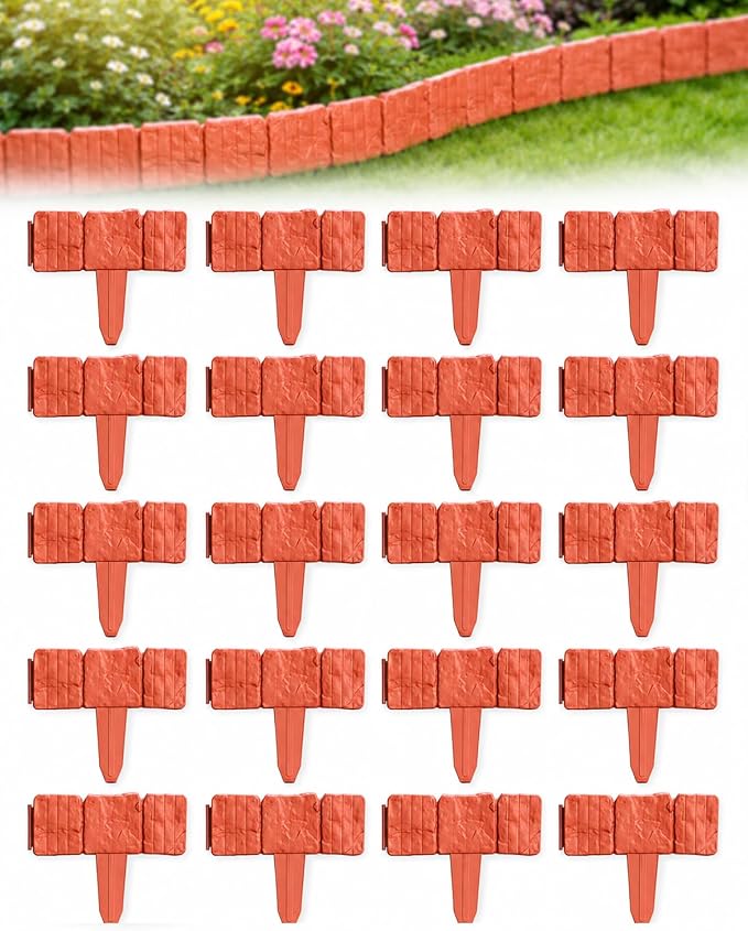 Faux Stone Garden Fence No Dig Landscape Edging Border (red, 20pcs) | Plastic interlocking panels create a rock look for flower beds lawn pathways patio yard decor