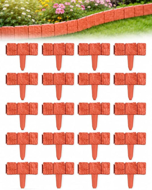 Faux Stone Garden Fence No Dig Landscape Edging Border (red, 20pcs) | Plastic interlocking panels create a rock look for flower beds lawn pathways patio yard decor