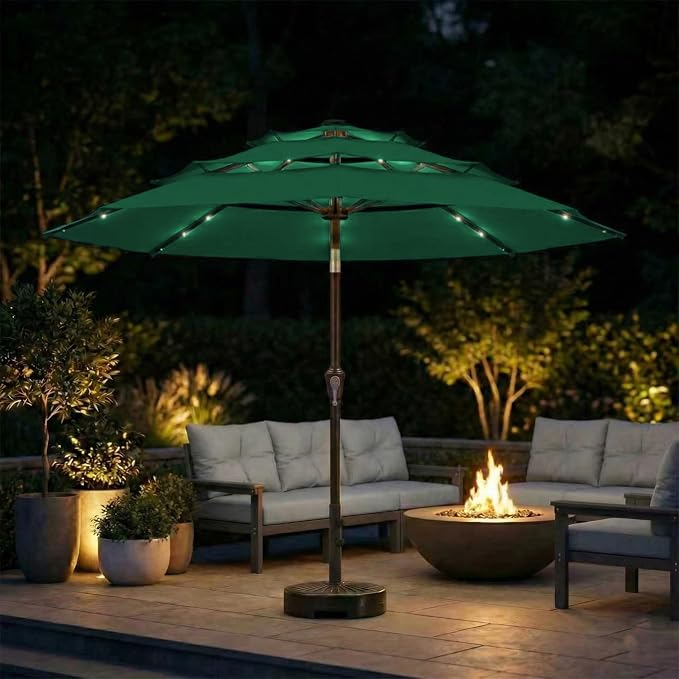 10ft 3-Tier Patio Umbrella with 32 Solar Powered LED Lights, Windproof Outdoor Market Umbrella for Deck, Poolside & Garden, Sturdy Push-Button Tilt Table Umbrella, Forest Green