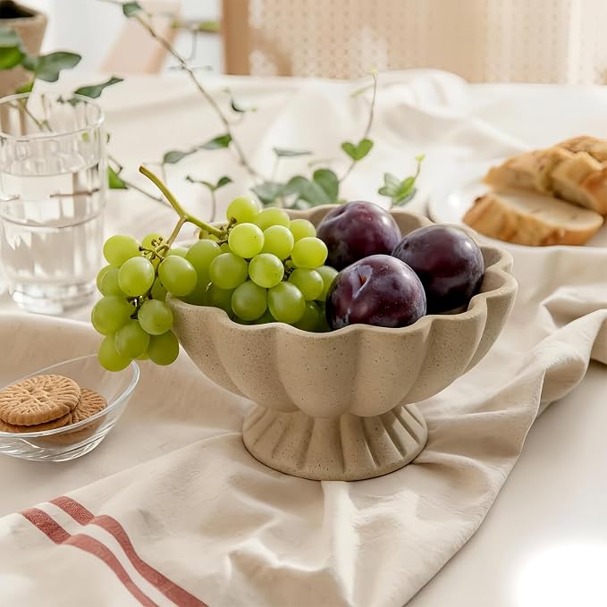 Pedestal Decorative Bowl Home Decor - 7.9" Morden Resin Handmade Decorative Fruit Bowl for Kitchen Counter, Chic Ruffle Bowl Centerpiece Decor for Dining Table Coffee Table (Artificial Stone Beige)