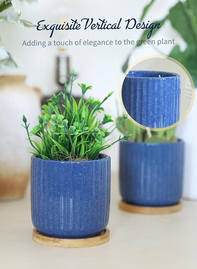4 Inch Cylinder Ceramic Plant Pots, Blue, Set of 4 | Drainage Holes & Saucers, Glazed, Small Boho Planters, With Trays, For Indoor Flower, Snake Plants, Succulent, Cactus