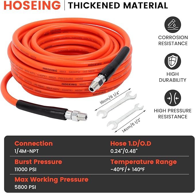 70FT Pressure Washer Sewer Jetter Kit, 5800 PSI Water Jet Drain Cleaner Hose with Corner Rotating Button Nose Nozzle, 1/4 Inch NPT, Sewer Jetter Nozzles Kit with Spanner Handle Strap