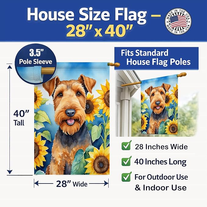 Caroline's Treasures DAC6002CHF Airedale Terrier in Sunflowers House Flag Large Porch Sleeve Pole Decorative Outside Yard Banner Artwork Wall Hanging, Polyester, House Size, Multicolor