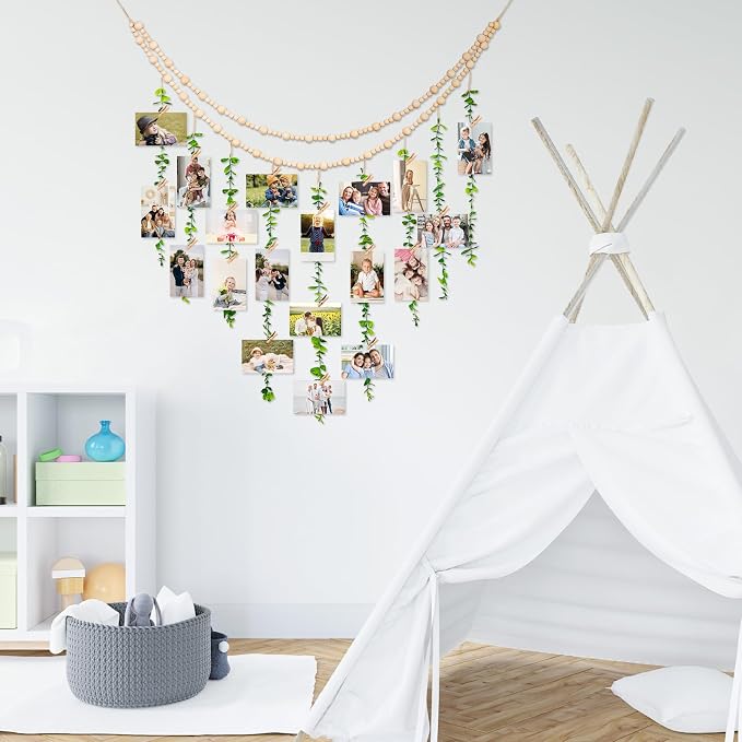 TXIN Hanging Photo Display Holder Wall Decor with Wooden Cards Clips, Boho Style Picture Frame Wood Beads Garland Artificial Eucalyptus Plant Home Decoration for Farmhouse Greenery Cubicle Bedroom