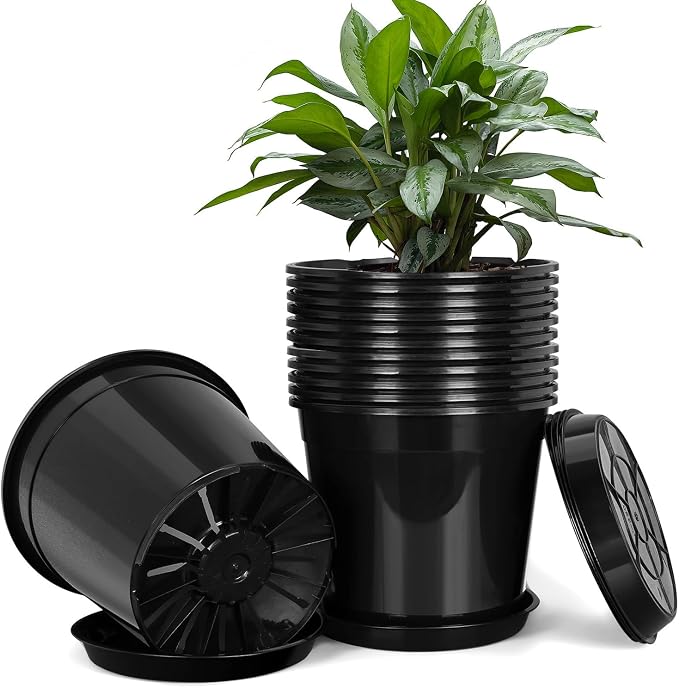 FUIJOL 1 Gallon Plastic Pots with Drip Trays, Sturdy Gallon Plant Pots with Drainage Holes, Large Gallon Pots for Flowers, Ideal for Indoor and Outdoor Use (1Gallon-12PACK)