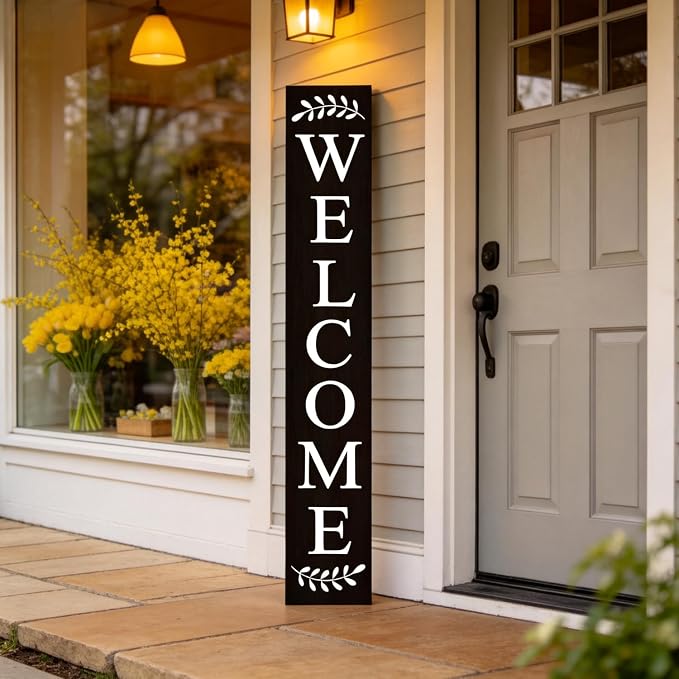Welcome Sign for Front Porch, 47" Large Wooden Welcome to Our Home Sign Door Hanging Standing Plaque, Farmhouse Vertical Outdoor Porch Decorations for Yard Patio Entrance, Black