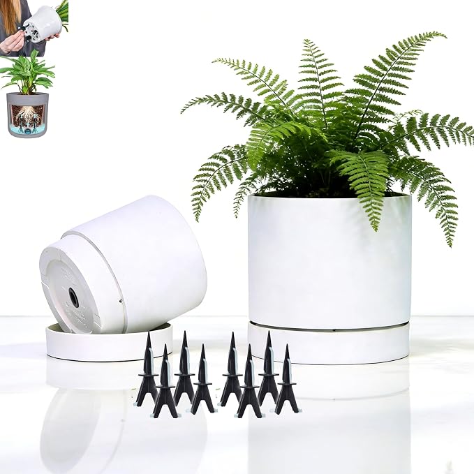 GreenShip 2pcs Plant pots, self Watering pots for Indoor Plants (White, 4.7in+6in)