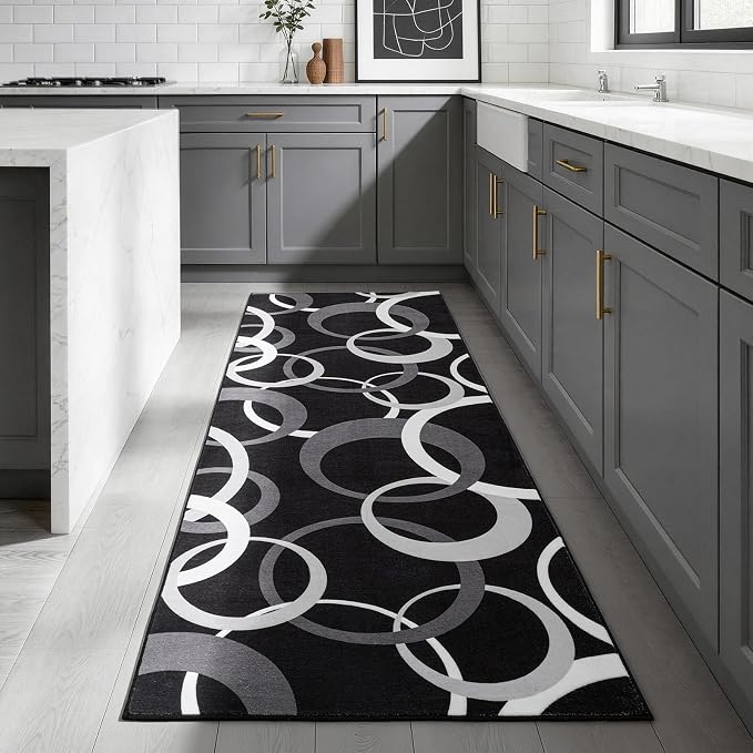 2x6 Kitchen Runner Rug Non Skid Washable, Black and White 6ft Rug Runners for Bathroom Hallway Non Slip, Modern Carpet Runner for Entryway Bedside Laundry Room