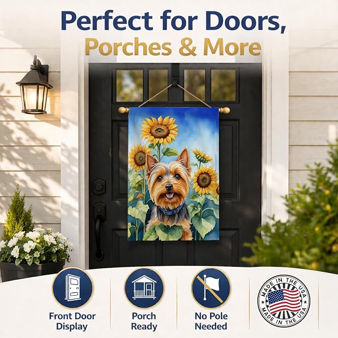 Caroline's Treasures DAC6165CHF Silky Terrier in Sunflowers House Flag Large Porch Sleeve Pole Decorative Outside Yard Banner Artwork Wall Hanging, Polyester, House Size, Multicolor