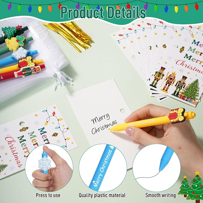 Marspark 60 Set Merry Christmas Gifts Bulk Christmas Ballpoint Pens and Greeting Cards Set with Bag Twist Ties for Employee Coworker Teacher Student School Office Home Party Favor