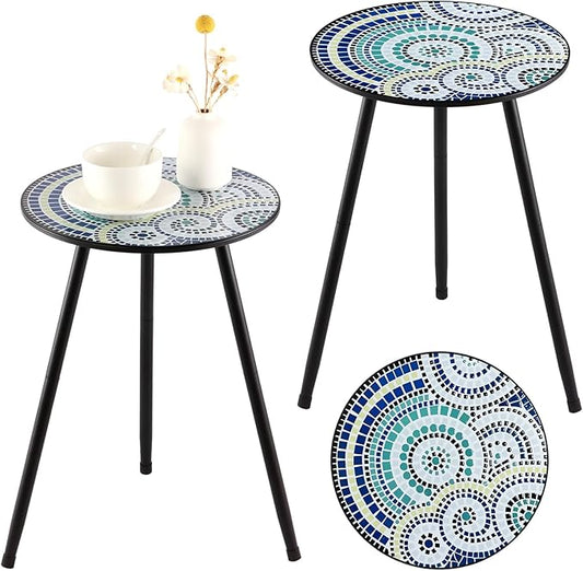 Party Zealot 2 Packs Metal Mosaic Round Side Tables 13.4" Small Outdoor Patio Round Accent Coffee Tables Indoor Corner Stand for Small Spaces Weather-Resistant for Balcony, Porch Plant Stands Indoor