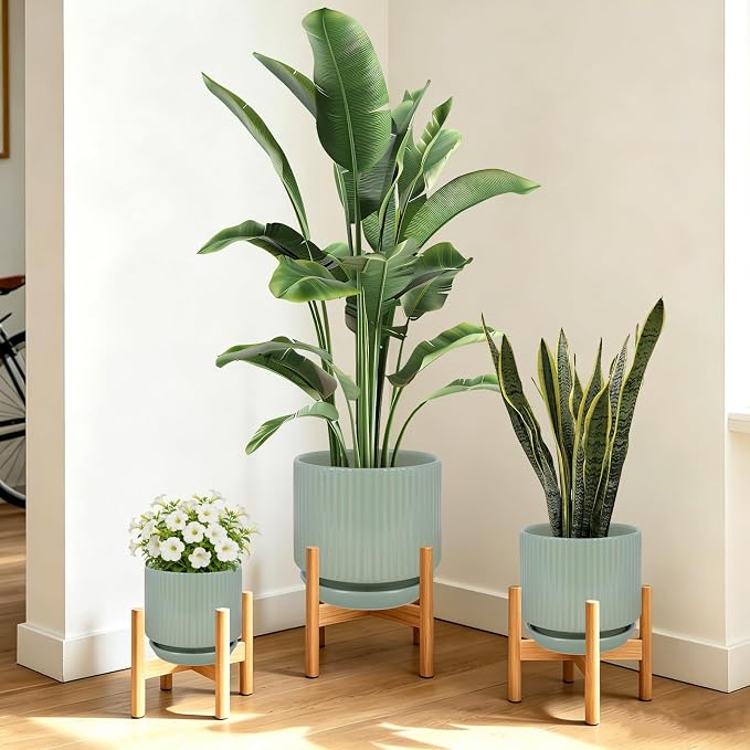 Ceramic-5-inch-Flower-Pots-with-Saucer, Small Planters for Indoor Plants with Drainage Hole, White Textured Vertical Stripe Plant Pots for Home Decor, Garden Pot For Succulent Cactus Mint Basil Herb
