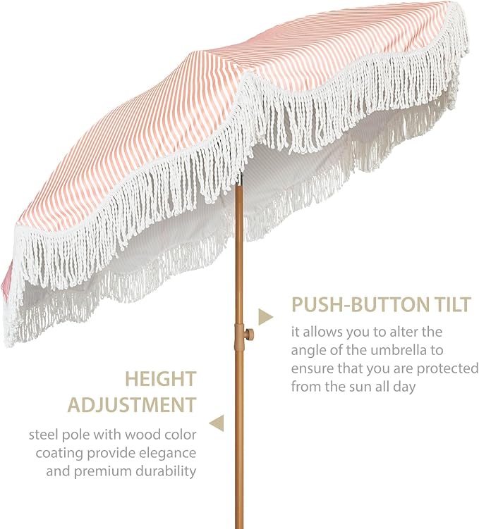 AMMSUN Boho Fringe Umbrella Outdoor Patio, 6.5ft UPF50+ Picnic Umbrella with Tassels with Steel Pole and Push Button Tilt, Pink Stripe