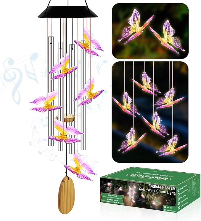 Wind Chimes for Outside, Solar Lights Outdoor Waterproof, Color Changing Butterfly Light for Yard, Outdoor, Patio, Garden Decor, Wind Mobiles Gardening Gifts for Women, Mom, Wife, Purple Butterfly