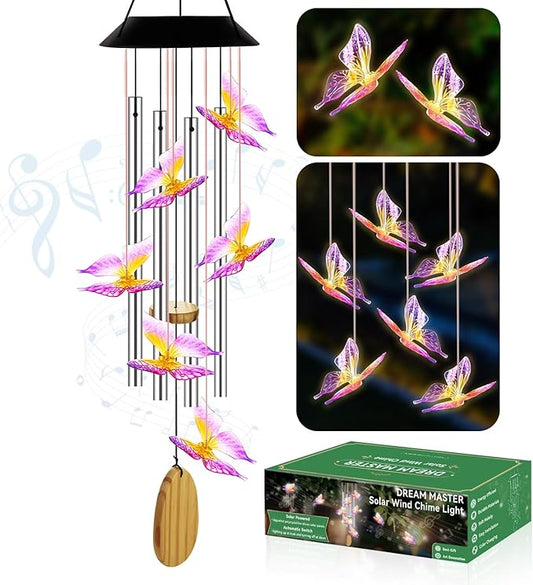 Wind Chimes for Outside, Solar Lights Outdoor Waterproof, Color Changing Butterfly Light for Yard, Outdoor, Patio, Garden Decor, Wind Mobiles Gardening Gifts for Women, Mom, Wife, Purple Butterfly