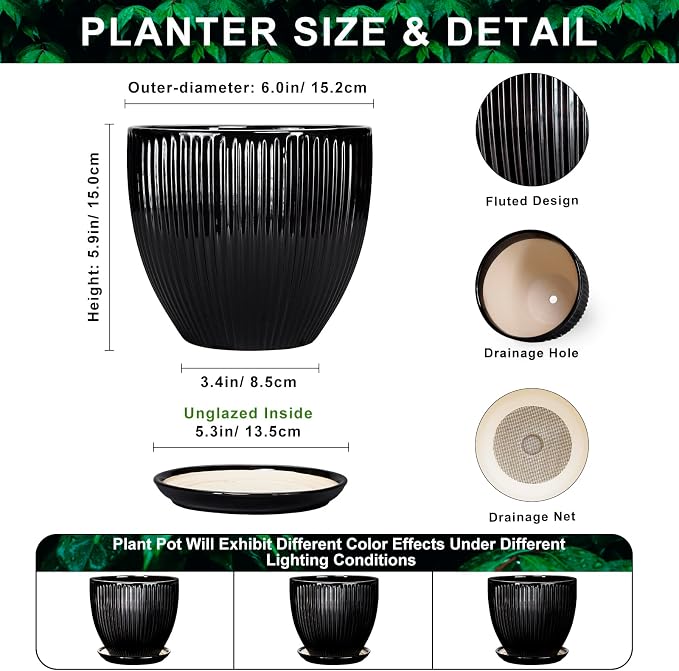 6 Inch Ceramic Planter, Indoor Plant Pots for Small Plants, Decorative Flower Pots with Drainage Hole and Saucer, Round Pot for Plants, Office Bathroom Decor, Gifts for Plant Lovers, Black