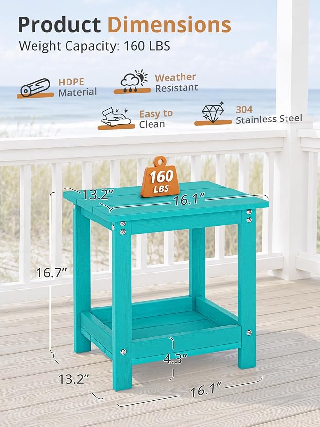 LUE BONA Outdoor Side Table, 2-Tier HDPE Small Outdoor End Table with Rail for Patio, Deck, Poolside, Low Maintenance & Weather Resistant, Aruba Blue