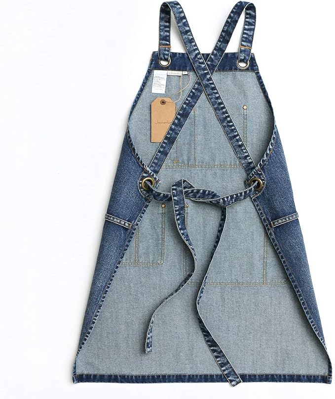 Jeanerlor Denim Hair Stylist Apron With Pockets for Men, Acid Washed Jean Work Aprons Cross Back for Hairstylist with Tool Pockets (Denim Blue) Adjustable L to XXL