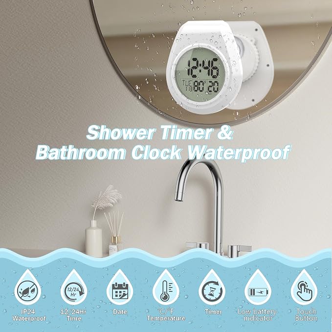 Shower Clock w/Timer Waterproof, Digital Bathroom Wall Clock w/Temperature | w/Date, Suction Cup, for Mirror, Bath, Kitchen, Battery Operated, White