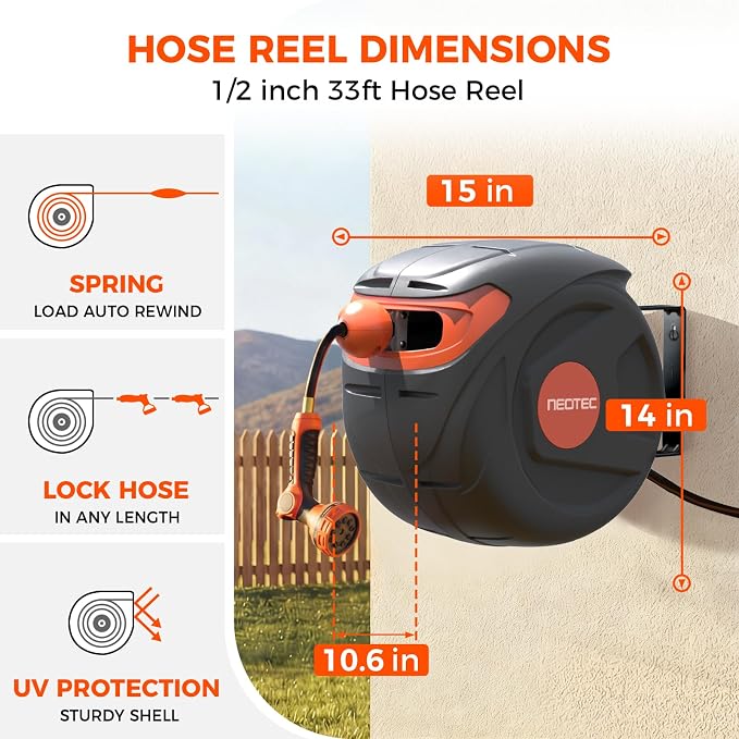 33ft Retractable Garden Hose Reel 1/2 inch, Compact Wall Mount Water Hose with Easy Rewind System, Space-Saving Hose Box for Small Patio, Deck & Balcony, 9-Function Nozzle Included