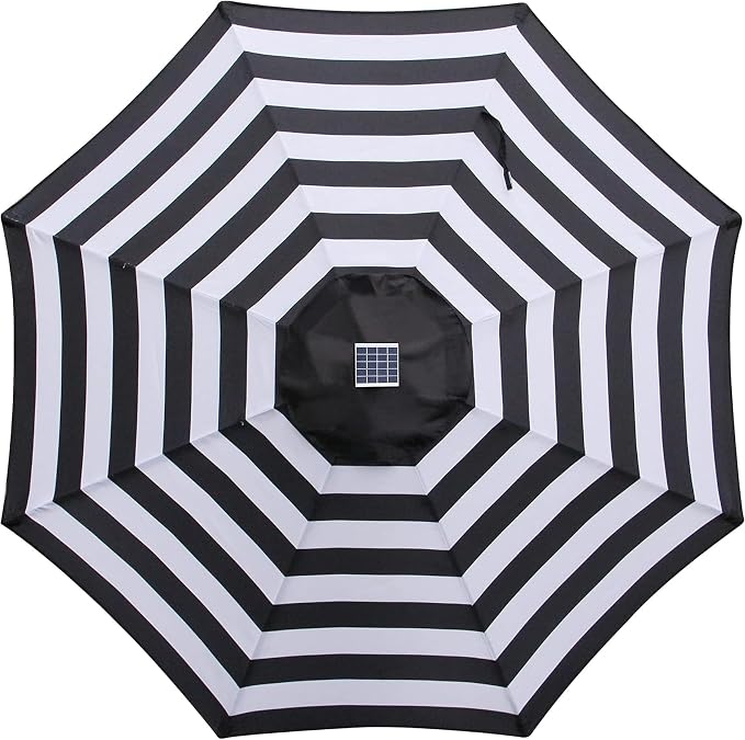 Blissun 9 ft Solar Umbrella 32 LED Lighted Patio Umbrella Table Market Umbrella with Tilt and Crank Outdoor Umbrella for Garden, Deck, Backyard, Pool and Beach (Black and White)
