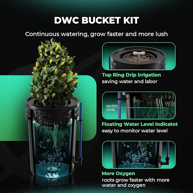 Mars Hydro DWC Hydroponics Grow System 5 Gallon Deep Water Culture with 8W Air Pump, Multi-Purpose Air Hose, Air Stone, 2 Buckets and Top Drip Kit | 5 Gallon Capacity, 8W Air Pump, Air Stone & Hose Included, Top Drip Kit, Deep Water Culture Design
