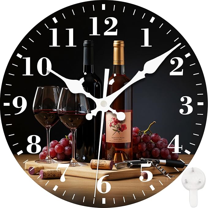Wall Clock, Red Wine and Grapes Silent Non Ticking Battery Operated Round Decorative Indoor Outdoor Clocks for Living Room Kitchen Bedroom Bathroom Patio 12"