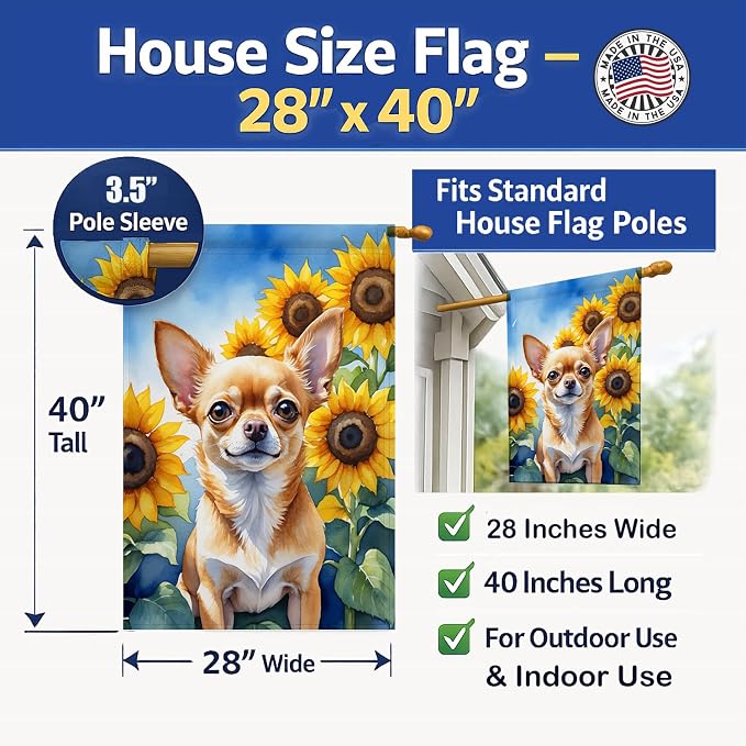 Caroline's Treasures DAC6051CHF Chihuahua in Sunflowers House Flag Large Porch Sleeve Pole Decorative Outside Yard Banner Artwork Wall Hanging, Polyester, House Size, Multicolor