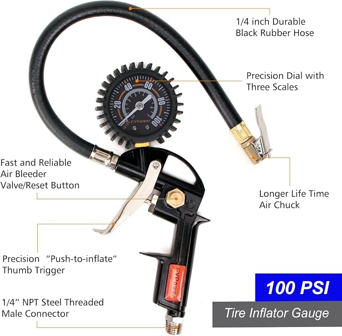 16 Pieces Heavy Duty Air Compressor Accessory Kit, 1/4 inch 25ft Recoil Poly Air Compressor Hose Kit, 100PSI Tire Inflator Gauge, Blow Gun and Nozzles, 1/4" NPT Air Coupler and Plug Kit