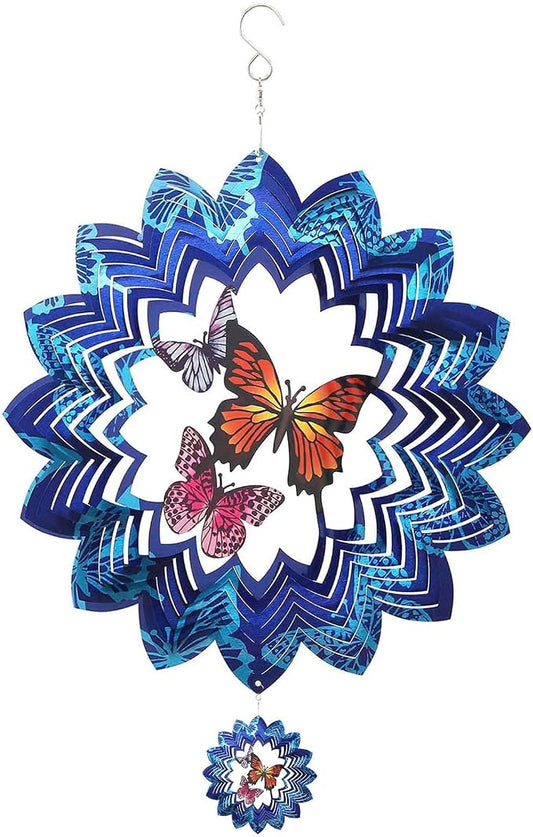 Wind Spinners Butterfly Hanging Outdoor, 13In Stainless Steel Spinfinity Wind Spinner, Blue Wind Chimes for Outside, 3D Kinetic Sculpture Suncatcher, Metal Yard Ornaments, Butterfly Garden Spinners