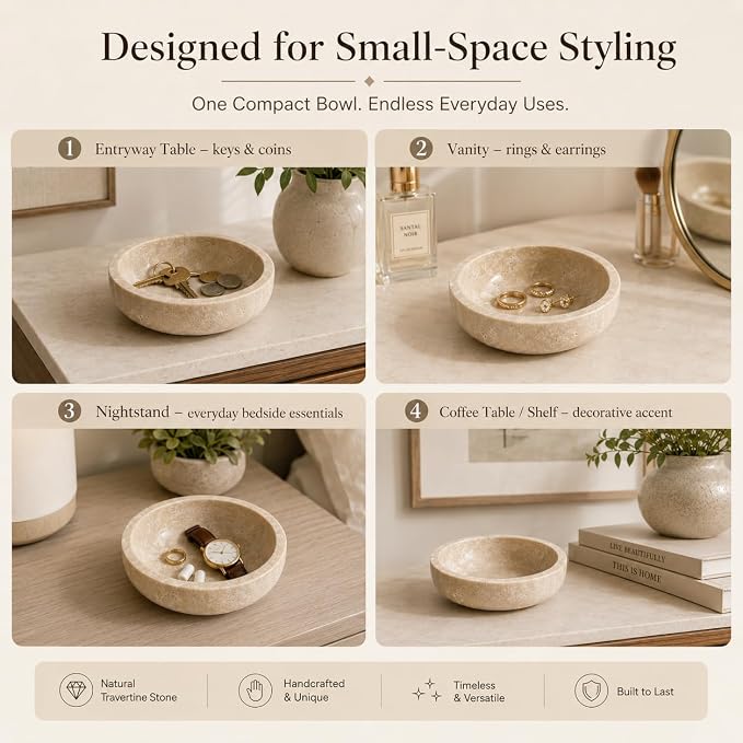 Small Travertine Bowl, 5.9-Inch Stone Catchall | Natural Stone Decoration Bowl for Keys, Jewelry, Rings and Trinkets, Entryway, Vanity, Nightstand and Dresser Decor