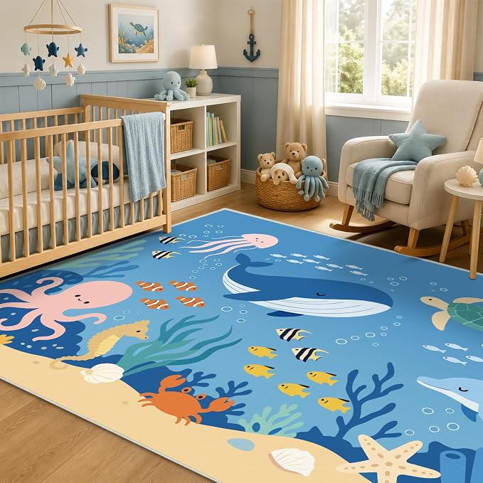 8x10 Ocean Area Rug for Kids Play Room Bedroom Beach Whale Fish Large Rug Machine Washable Non-Slip Carpet for Nursery Living Room Bedroom