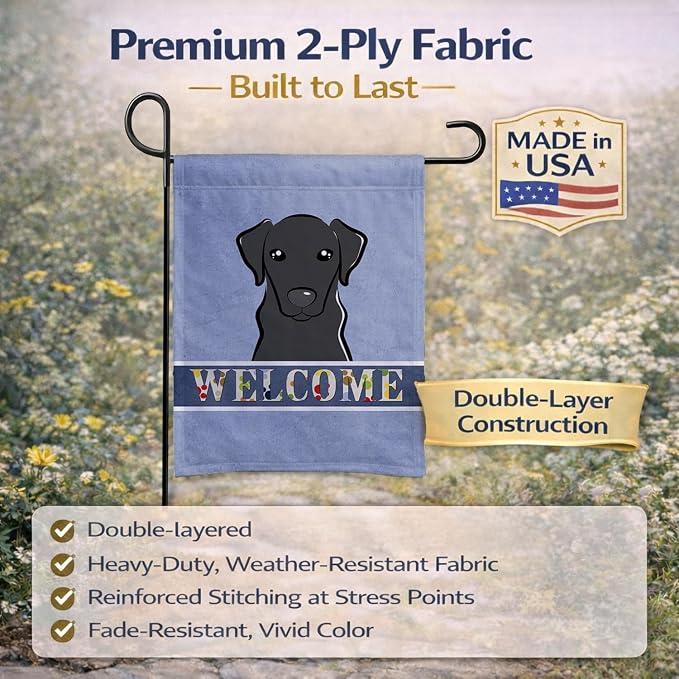 Caroline's Treasures BB1421GF Black Labrador Welcome Garden Flag, Blue Mailbox Flag Decorative Yard Flag Banner Outside Patio Artwork Yard Flower Beds, Garden Size, Multicolor