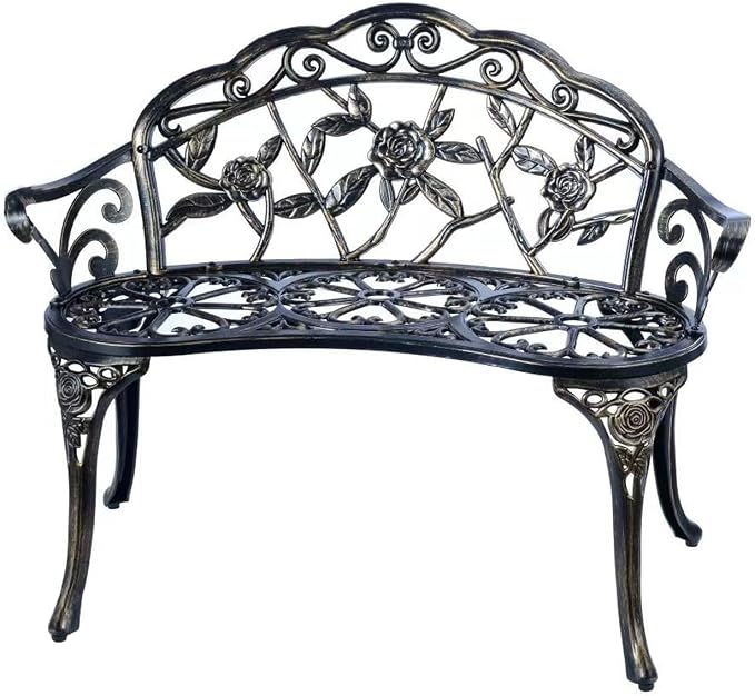 YKSY&YKSY Patio Garden Bench Metal Park Bench Cast Aluminum Outdoor Furniture with Floral Rose for Patio,Park,Lawn,Yard (Copper)