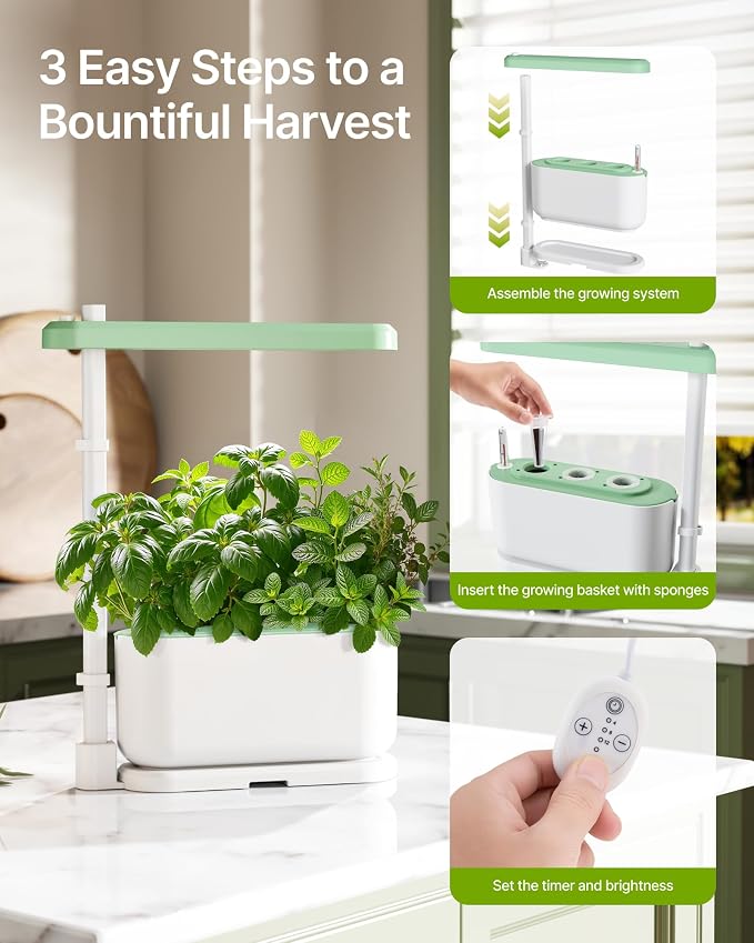 SUNCOZE Hydroponics Growing System Kit with 3 Pods for Beginners | Full Spectrum Dimmable LED Grow Light, Adjustable Height Indoor Herb Garden, Compact Hydroponic System, Gardening Gifts