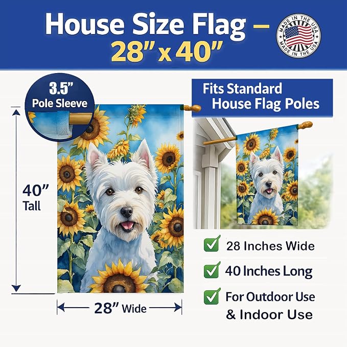 Caroline's Treasures DAC6173CHF Westie in Sunflowers House Flag Large Porch Sleeve Pole Decorative Outside Yard Banner Artwork Wall Hanging, Polyester, House Size, Multicolor
