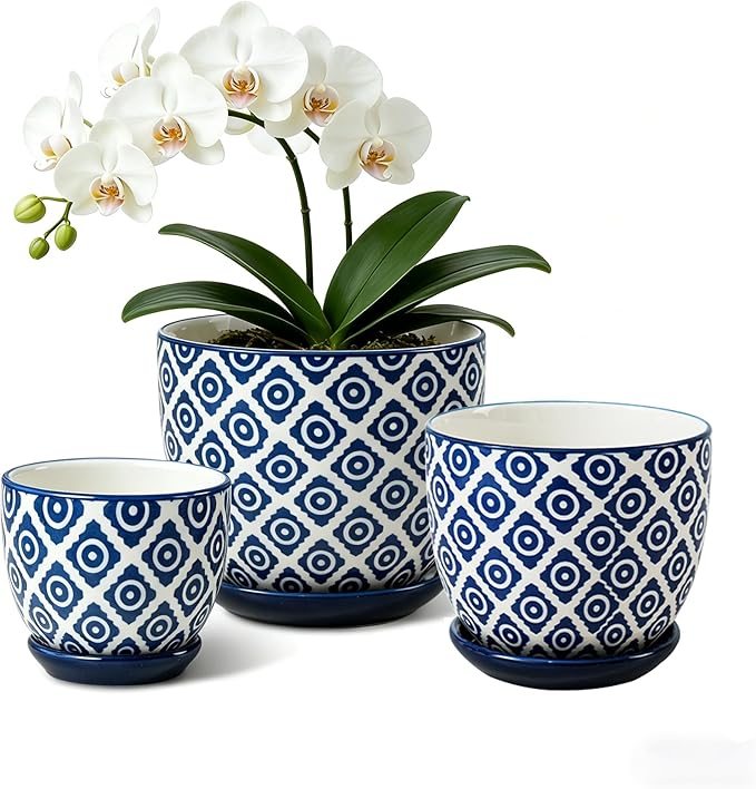 Ceramic Pots for Indoor Plants - 3.5"+4.6"+5.6" Flower Pots with Drainage Holes and Saucers - Succulents Plant Pots for Orchid, Cactus, Pothos, Herbs, Home Office, Set of 3, Vintage Blue, Dot