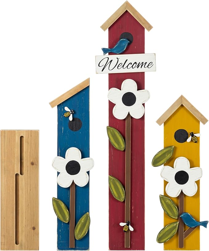 Glitzhome 30"H Welcome Yard Sign for Front Porch Standing, Wood Birdhouse Shaped Porch Board, All Seasonal Farmhouse Rustic Modern Porch Sign for Patio Front Door Outside