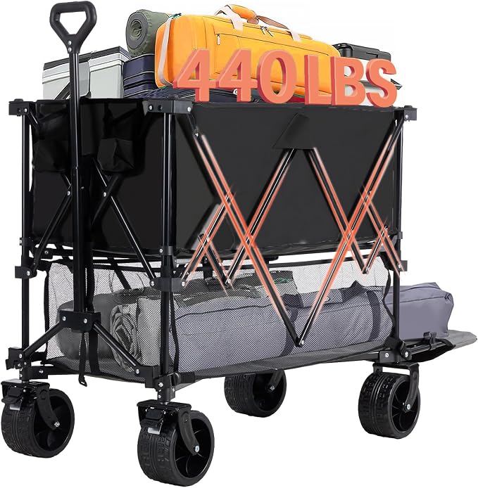 DUMOS 440LBS Heavy Duty Double Decker Wagon with 51IN Extender, 400L Large Capacity Collapsible Garden Cart, All-Terrain 7IN Wheels with Brakes, Foldable Utility Wagon for Shopping, Camping, Black