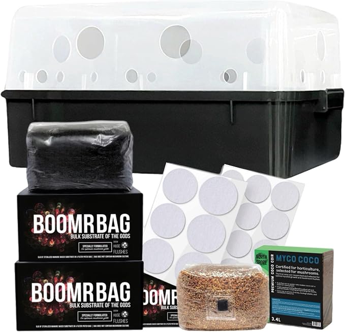 North Spore 'Boomr Bin' Monotub Mushroom Grow Kit for Dung-loving Mushrooms | Just Add Spores, Includes (3) Boomr Bag Sterile Manure-Based Substrate, Coco Coir & Filters, Beginner-friendly, Monotub Kit