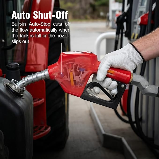 3/4" NPT Auto Shut-Off Fuel Nozzle, Gas Pump Nozzle with 3-Speed Padlock (9-16 GPM) - 360° Swivel Hose for Gasoline, Diesel, Biodiesel B20, E15 & Kerosene (RED)