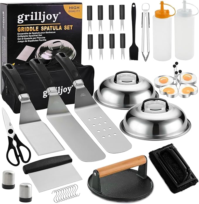 Grilljoy 38pcs Professional Griddle Accessories Kit for Blackstone, with Smash Burger Press, Extra Thick Griddle Spatula, Turner, Flipper - Flat Top Grill Accessories for Outdoor Grill