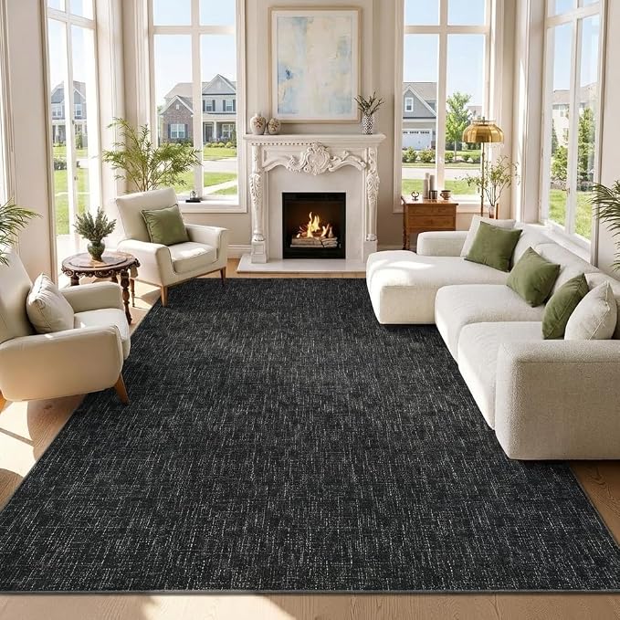 Garvee Washable Rugs 8x10 Solid Color Area Rugs for Living Room, Black | Modern Textured Non Slip Backing Low Pile Non Shedding Stain Resistant Neutral Rug for Dining Room Nursery Bedroom
