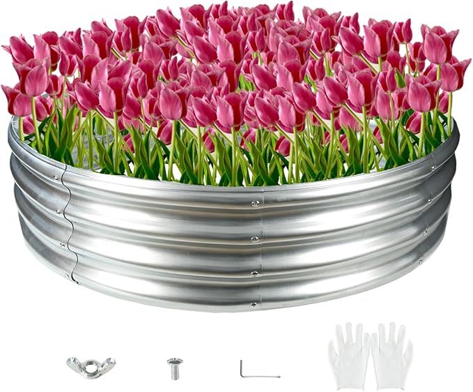 Durable Round Galvanized Steel Raised Garden Bed for Planting,Round Galvanized Steel Fire Ring/Fir Pit for Outdoor- 4×4×1FT,0.8MM Thick Black (47 ins Diameter x 12 ins high, Silver)