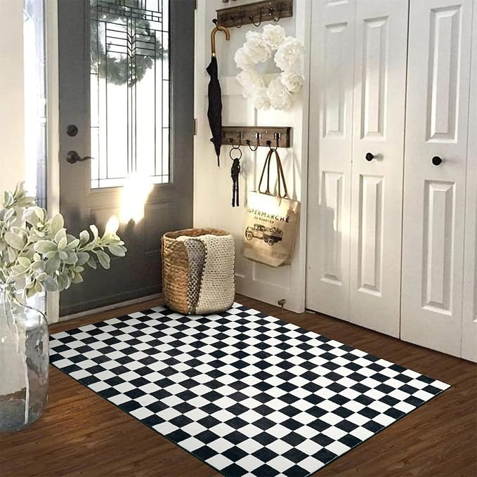 Vintage Checkerboard 5x7 Living Room Rugs Indoor Geometry Carpet Washable, Ultra Thin Boho Black and White Cute Retro Aesthetic Funky Area Rugs for Kitchen Bedroom Dorm Entryway
